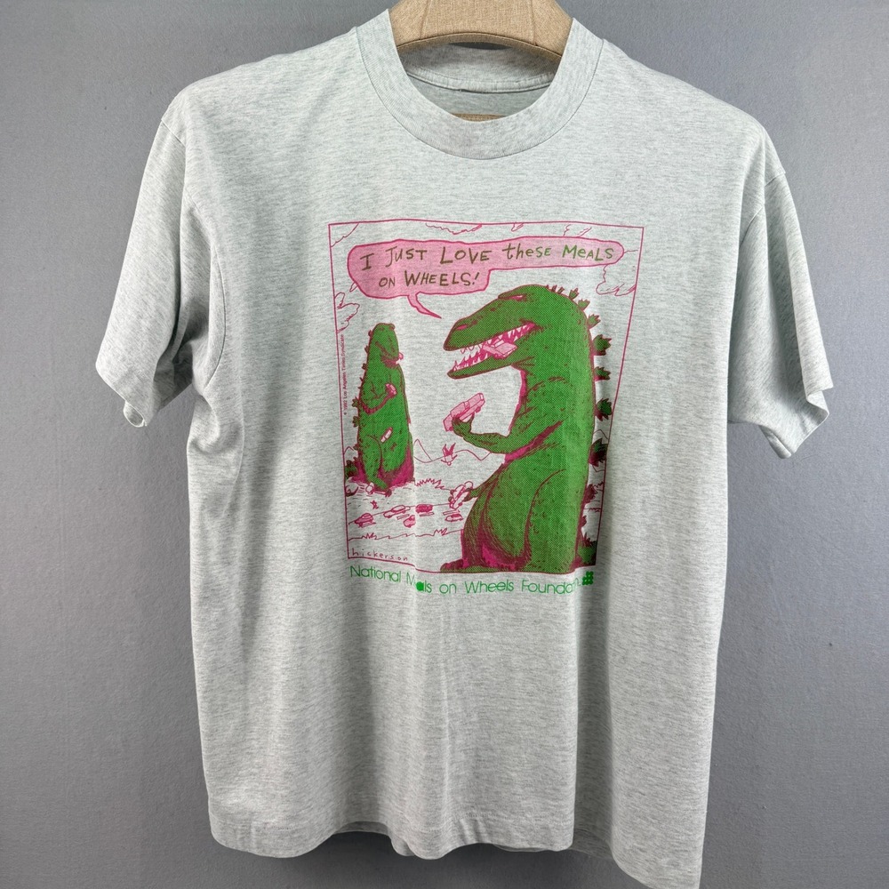 Vintage‎ 1992 Meals on Wheels Godzilla Hickerson Cartoon T-Shirt Gray Mens XL